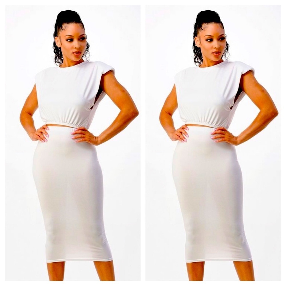 WOMEN’S WHITE TWO PIECE PADDED SHOULDER CROP TOP SHIRT MIDI CALF SKIRT SET